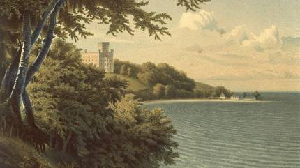 Pałac w Rzucewie na litografii z 1857 roku.Fot. Alexander Duncker - https://polona.pl/item/die-landlichen-wohnsitze-schlosser-und-residenzen-der-ritterschaftlichen-grundbesitzer,NTQxNjUwNg/27/#item, Domena publiczna, https://commons.wikimedia.org