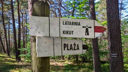 Drogowskazy na plażę i Latarnię Morską Kikut w Wisełce. Fot. Łukasz Grzejszczak Mojeurlopy.pl