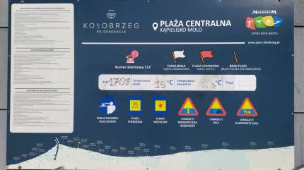 Tablica informacyjna kąpieliska i plaży centralnej w Kołobrzegu. Fot. Łukasz Grzejszczak Mojeurlopy.pl