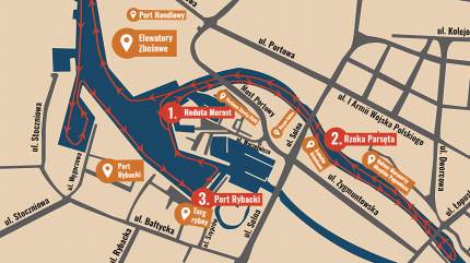 Trasa rejsu (cała pętla) Portowego Tramwaju Wodnego w Kołobrzegu: Port Jachtowy Marina Solna - Rzeka Parsęta (przystanek przy Bibliotece Miejskiej, dalej do wysokości hotelu Nad Parsętą i powrót) - Port Rybacki - Port Jachtowy.