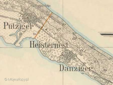 Mapa podziału Jastarni - Pucką i Gdańską zwaną Borem. Źródło: Deutsche Fotothek