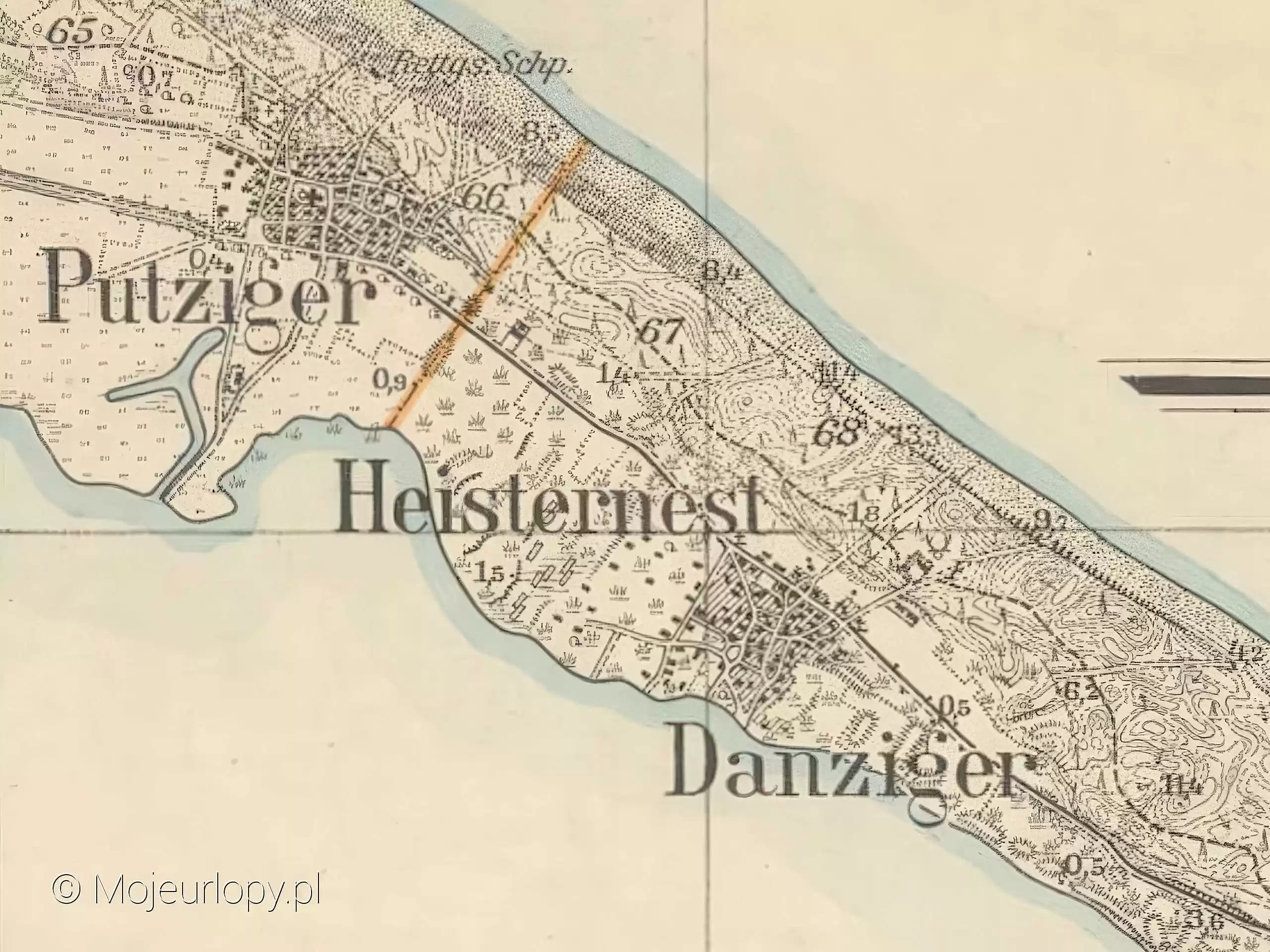 Mapa podziału Jastarni - Pucką i Gdańską zwaną Borem. Źródło: Deutsche Fotothek
